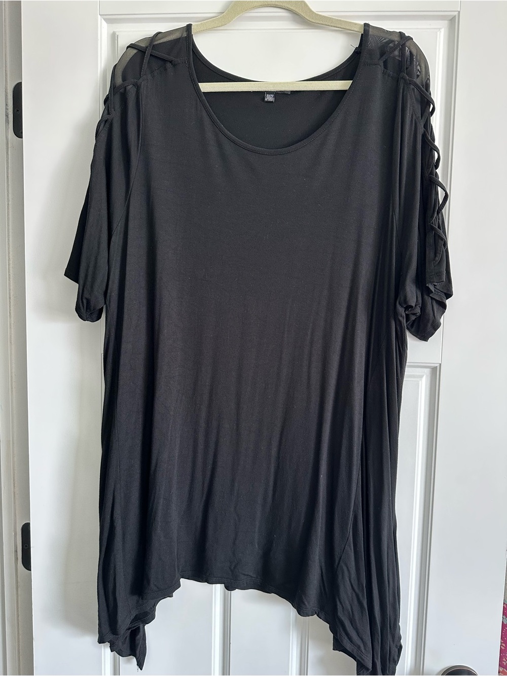 Black Short Sleeve Women's Top with Lattice Shoulder Detail